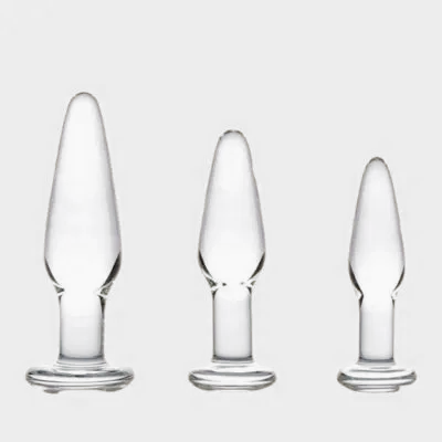 Glass Butt Plug Set with Smooth Flat Base, 3 Pack