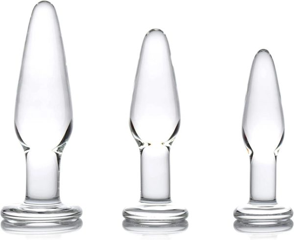 Glass Butt Plug Set with Smooth Flat Base, 3 Pack