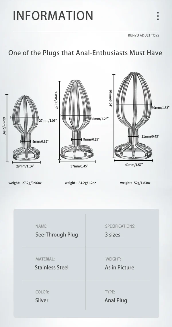 Hollow Butt Plugs 3PACS Clear Metal Anal Sex Toy