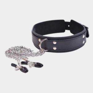 Rouge - Leather Bdsm Collar With Nipple Clamps