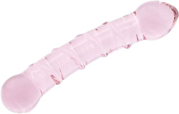 Pink Ribbed Dildo Crystal Glass Double-Ended 6.9 Inch