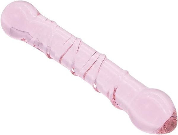 Pink Ribbed Dildo Crystal Glass Double-Ended 6.9 Inch