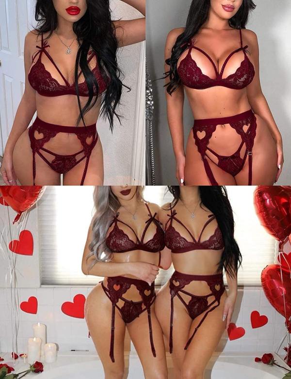 Women Lingerie Sets, with Garter Belt 3 Piece Lace Teddy Babydoll Bodysuit