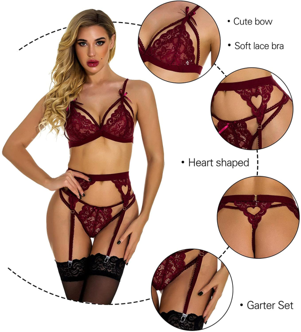 Women Lingerie Sets, with Garter Belt 3 Piece Lace Teddy Babydoll Bodysuit