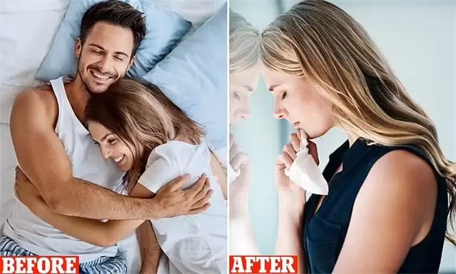 A couple's transformation: Before, they are peacefully sleeping side by side. After sex ，the girl cries 
