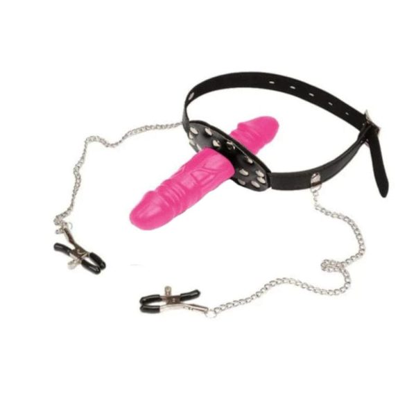 Face Mask Dildo With Nipple Clamps