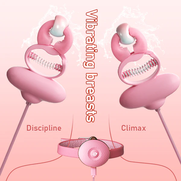 Pink Neck Restraint With Nipple Clamps Vibrator