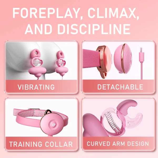 Pink Neck Restraint With Nipple Clamps Vibrator