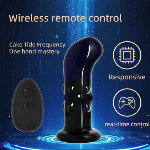 Vibrating Glass Butt Plug with Remote Navy Blue